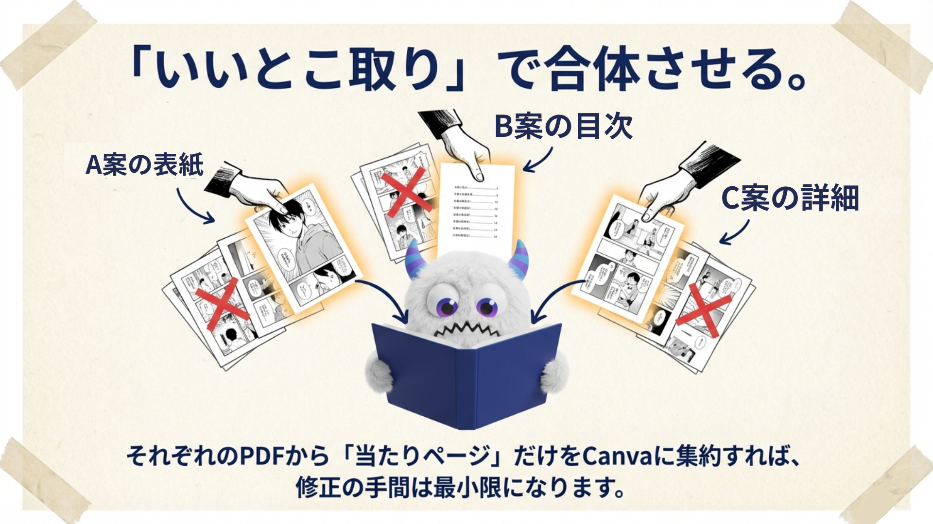 複数生成したスライドから良い部分を選ぶイメージ