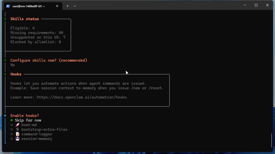 OpenClawセットアップで「Enable hooks?」を「Skip for now」に選択する画面