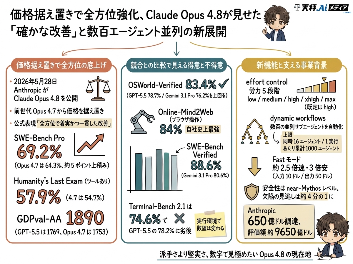 Claude Opus 4.8の性能と競合比較をまとめた解説図