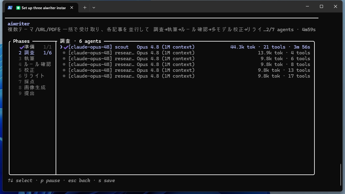 dynamic workflowsの各フェーズとエージェントの稼働状況を表示した詳細画面