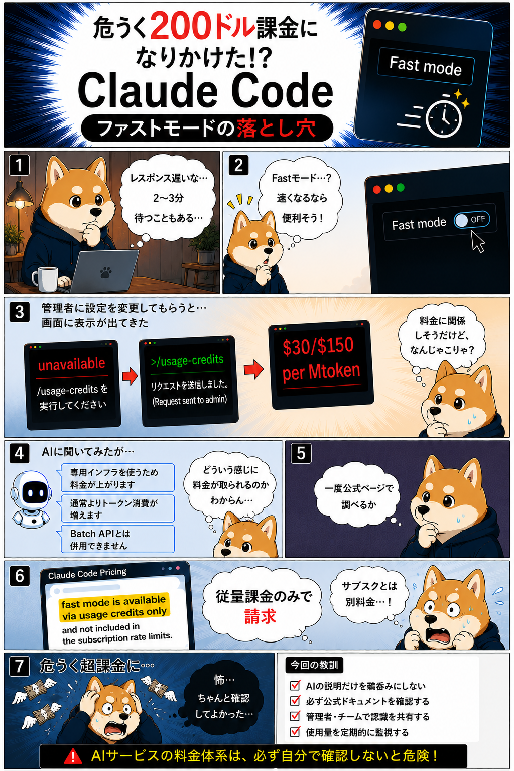 Claude CodeのFast modeで危うく200ドル課金しかけた体験と料金の仕組み・教訓を柴犬キャラで解説するマンガ図解