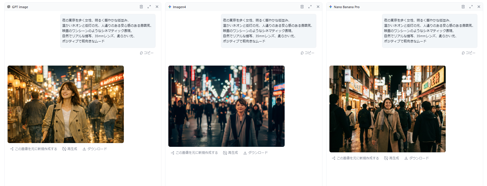 天秤AIでGPT image・Imagen4・Nano Banana Proの生成結果を横並び比較した画面