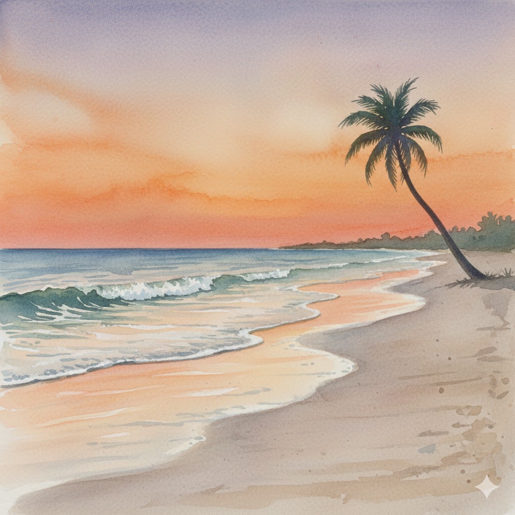 水彩画風で描かれた、夕暮れの海岸とヤシの木のイラスト