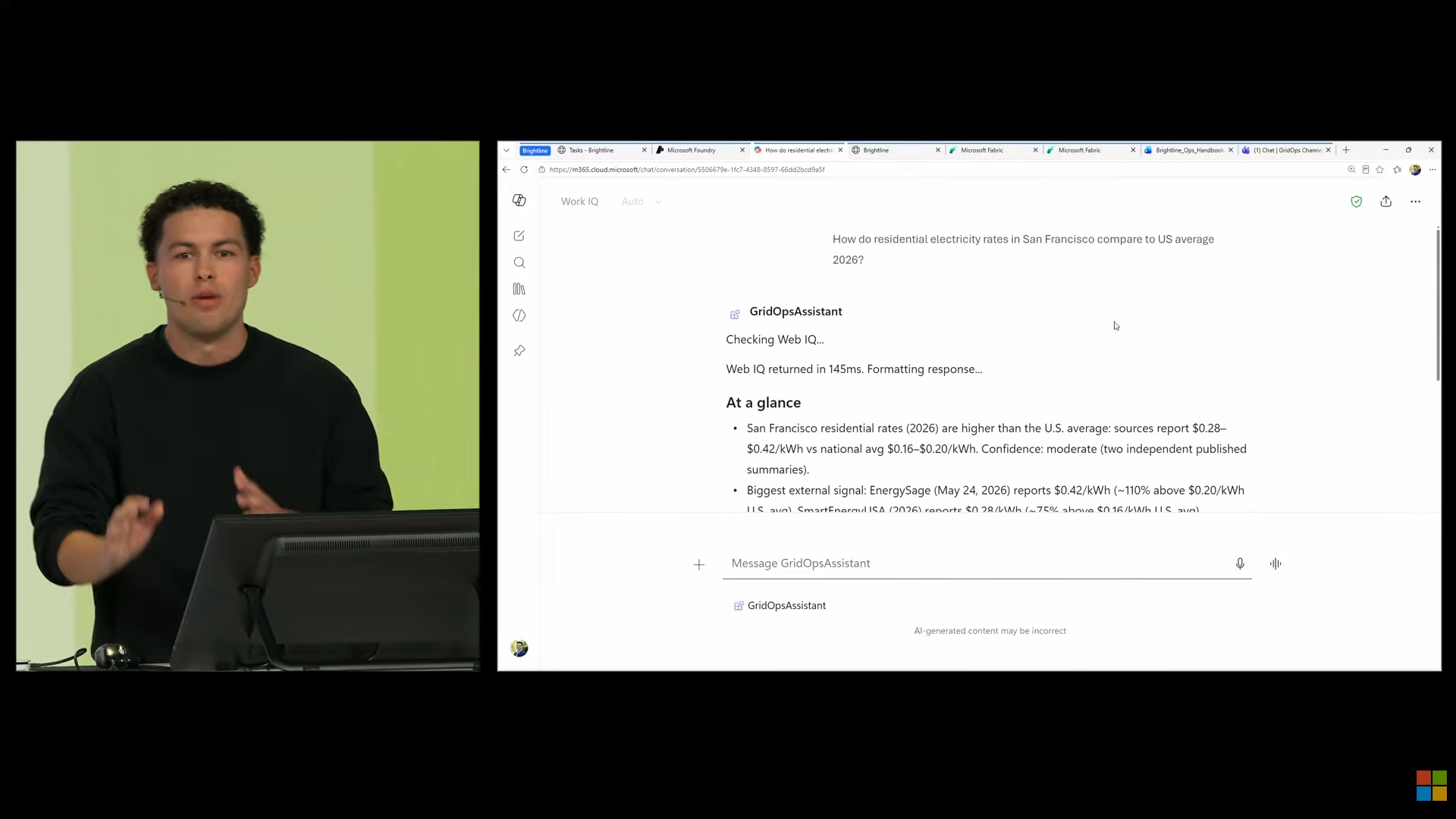 Work IQを使うAIエージェントが外部情報を参照して電気料金の比較ブリーフを作成するデモ画面