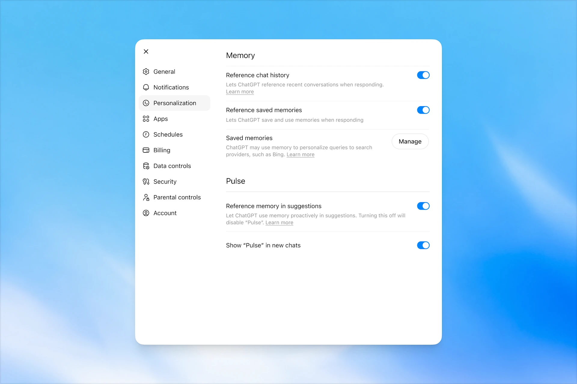 ChatGPTのPersonalizationメモリ設定画面。「Reference chat history」「Reference saved memories」のトグルがオンになっており、「Saved memories」のManageボタン、PulseセクションのReference memory in suggestionsやShow Pulse in new chatsのトグルも表示されている