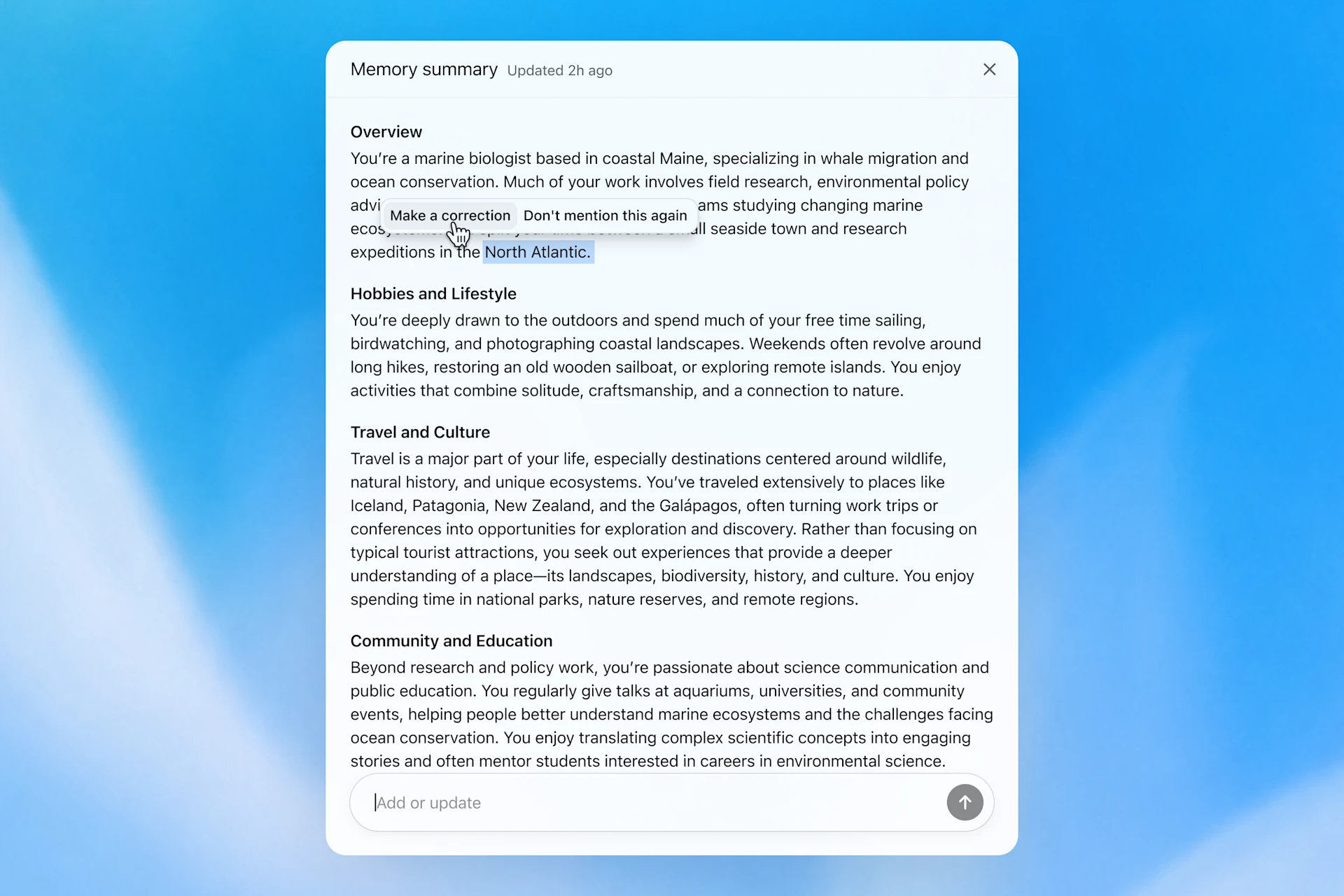 ChatGPTの「Memory summary（メモリの要約）」画面。Overview、Hobbies and Lifestyle、Travel and Culture、Community and Educationなどの項目に分けて、ChatGPTが把握しているユーザー情報の概要が表示されている。「Make a correction」「Don't mention this again」のオプションも表示されている