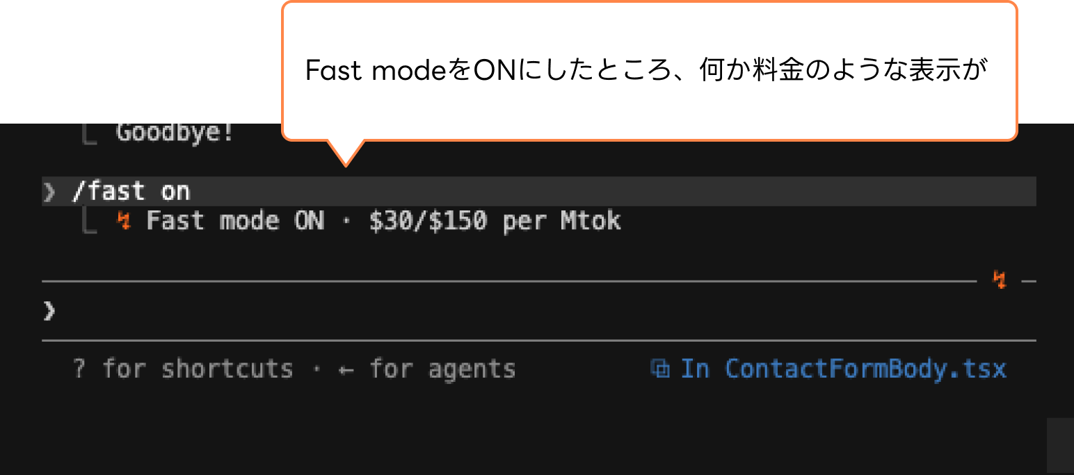 Claude Codeのターミナルで/fast on後に「Fast mode ON・$30/$150 per Mtok」と料金が表示された画面