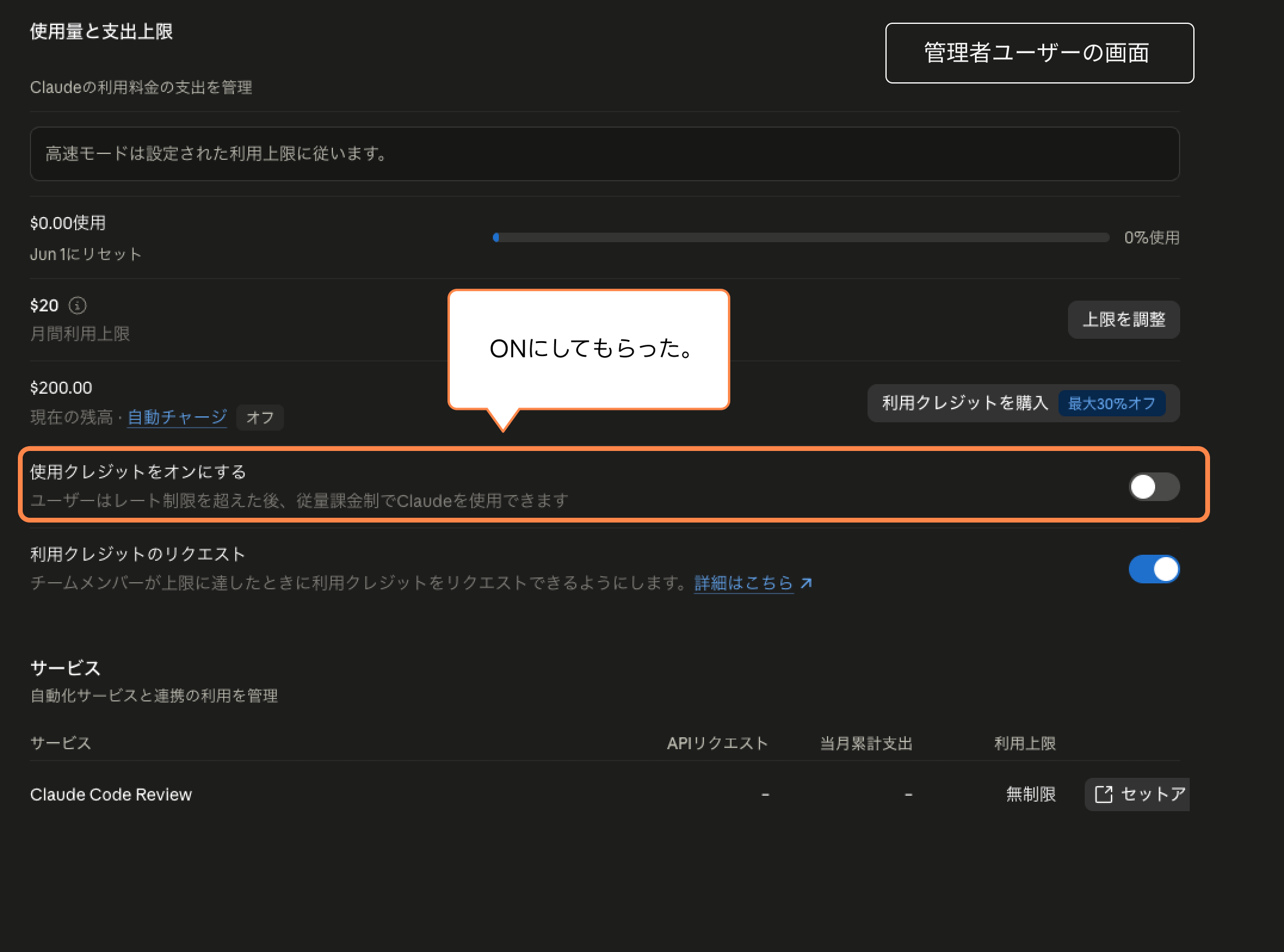Claude管理者画面の使用量と支出上限で「使用クレジットをオンにする」のトグルが強調された画面