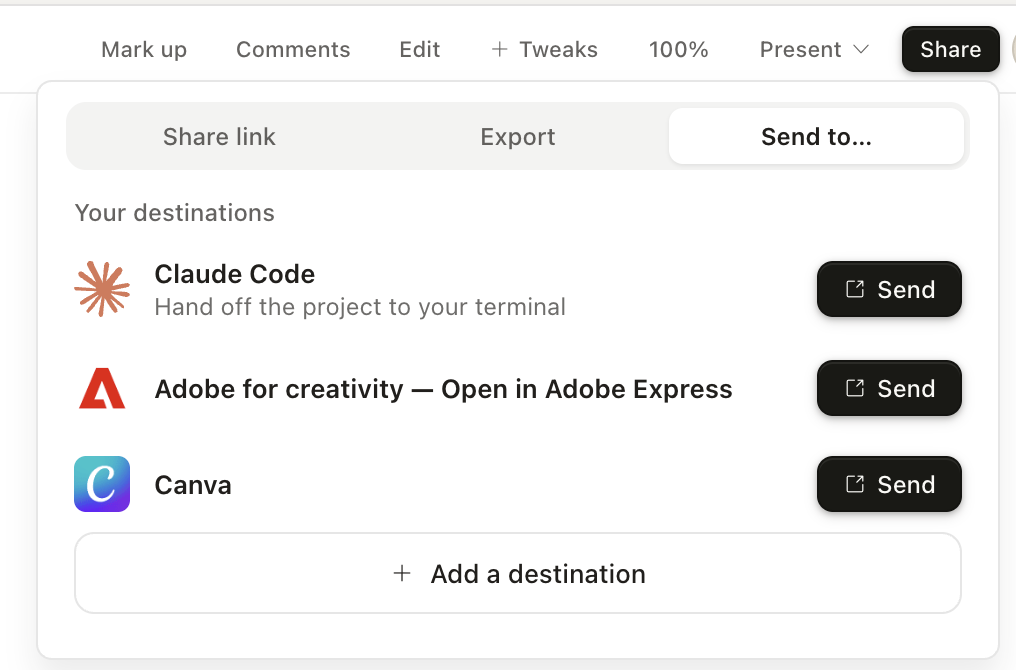Claude Designの「Send to...」メニュー。Claude Code・Adobe for creativity・Canvaの3つの送信先が表示され、それぞれに「Send」ボタンが付いている