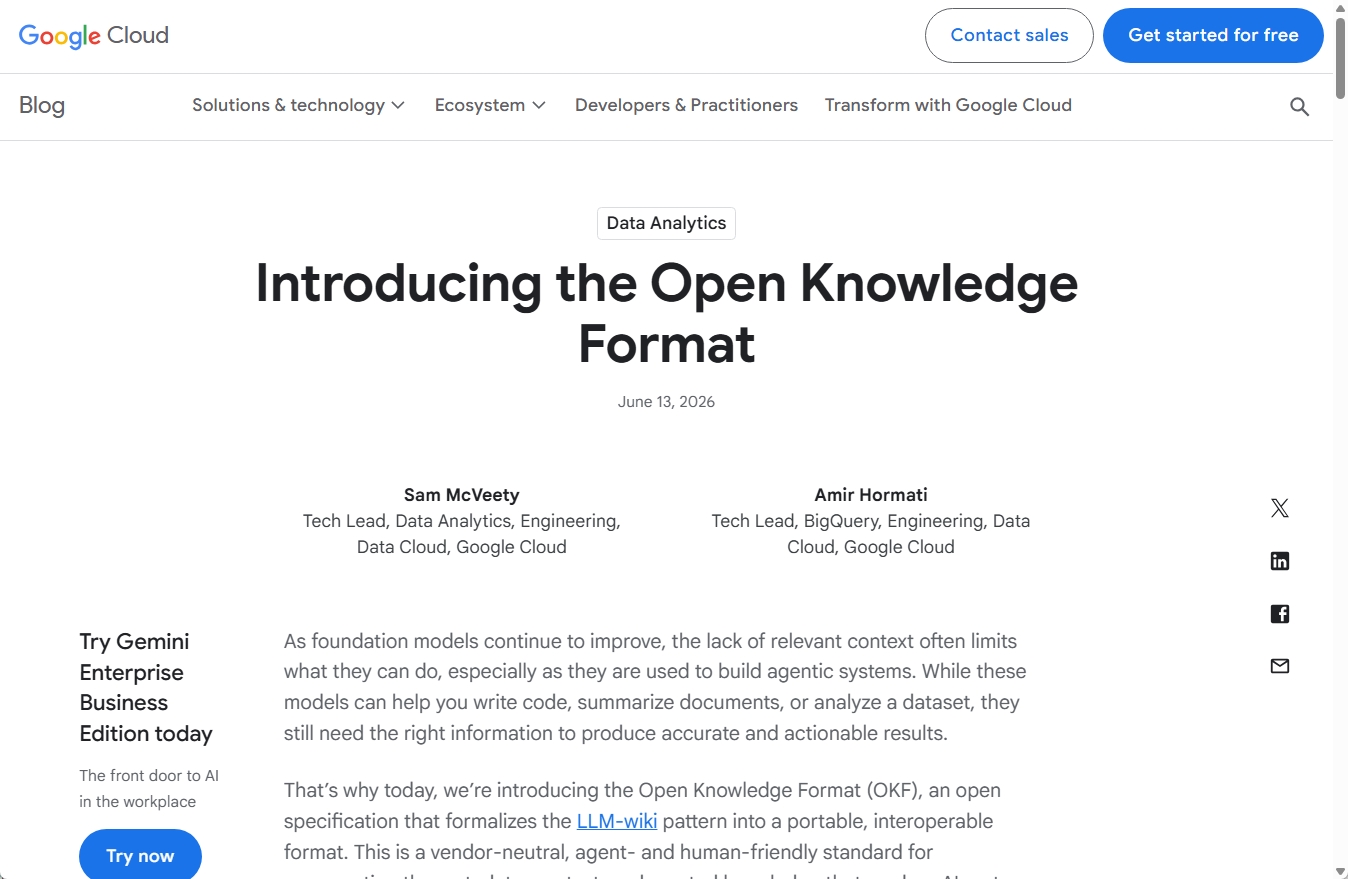 Open Knowledge Formatの公開を伝えるGoogle Cloud公式ブログ記事