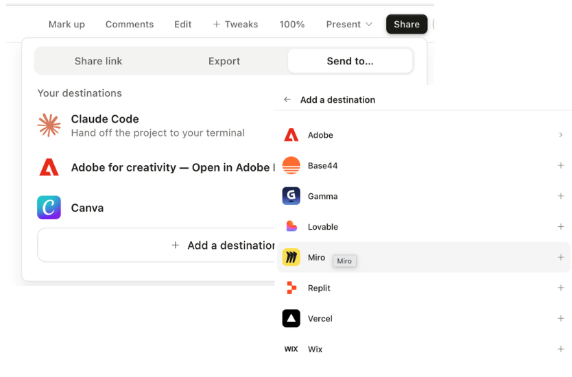 Claude Designの「Add a destination」パネル。Adobe・Base44・Gamma・Lovable・Miro・Replit・Vercel・Wixの各コネクタが一覧表示されている