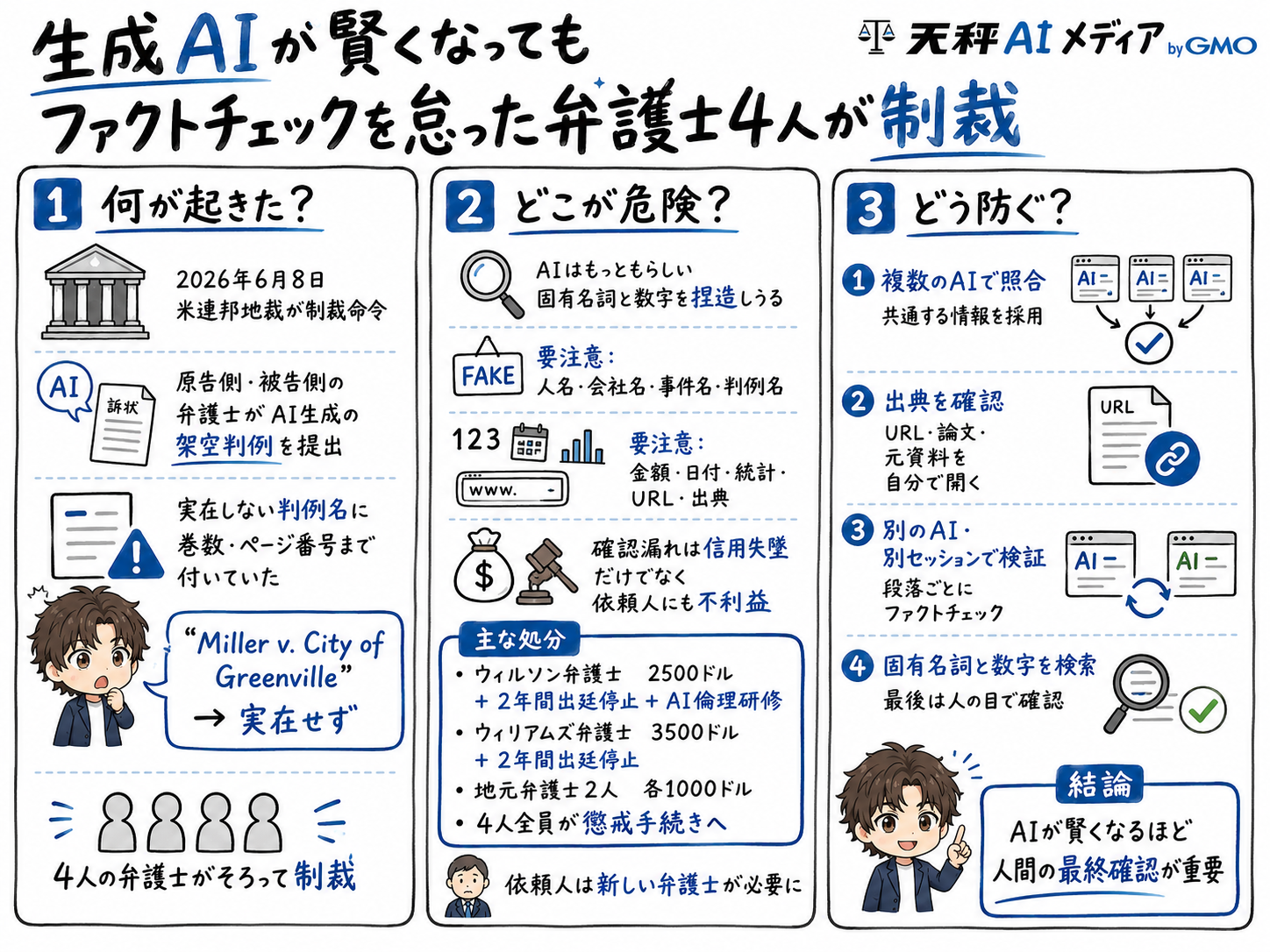 生成AIのハルシネーション事例とファクトチェック手順をまとめた解説画像