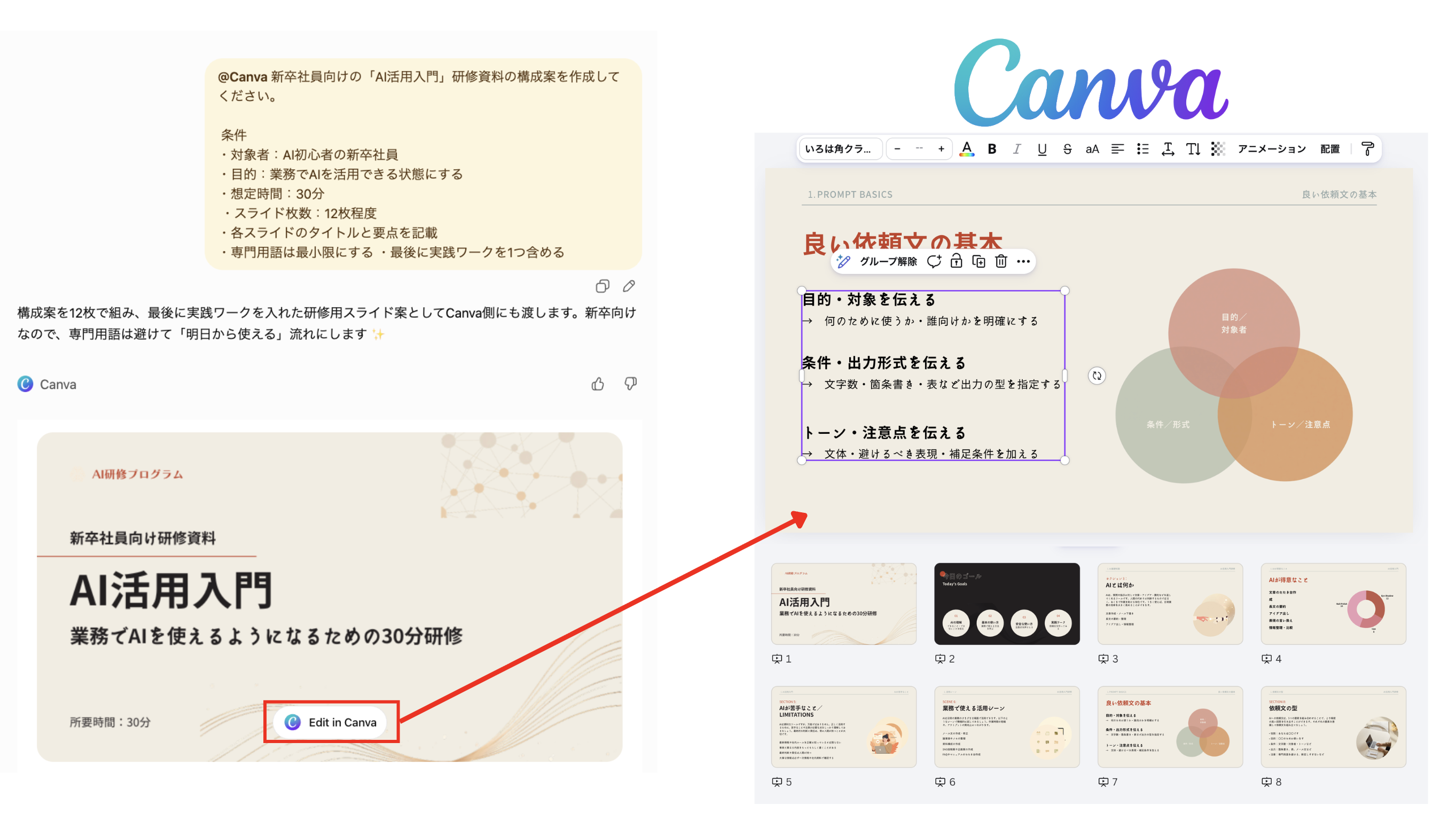 ChatGPTでCanvaにスライド作成を依頼する流れ