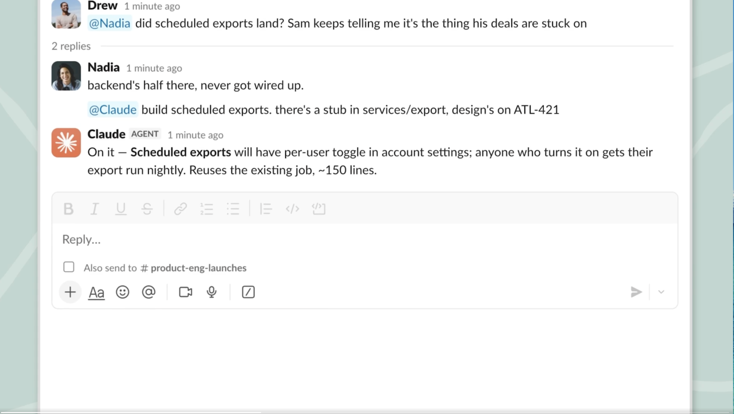 SlackのスレッドでNadiaが@Claudeをタグしてスケジュールエクスポートの実装を依頼し、ClaudeがAGENTとして実装方針を返答している画面
