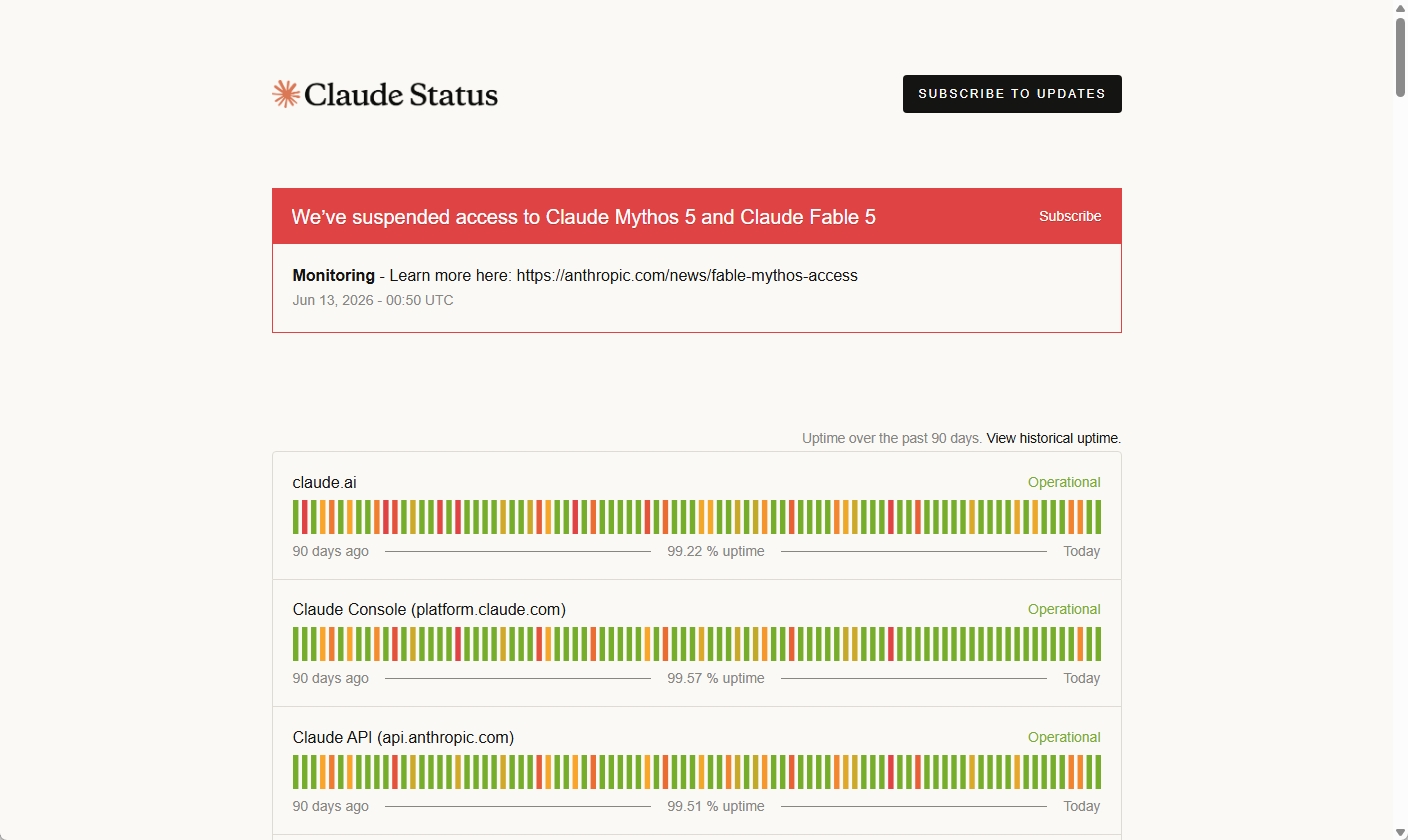 Claude Statusページに「We've suspended access to Claude Mythos 5 and Claude Fable 5」と表示され、Monitoringステータスが続いている画面