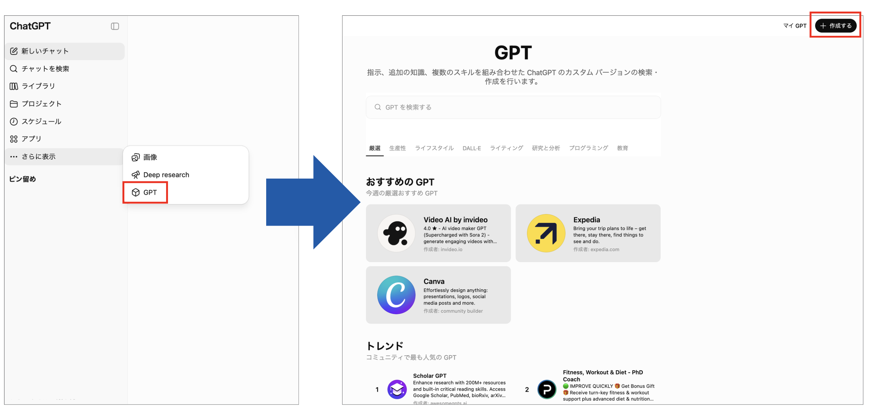 ChatGPTのGPTビルダーを開いて新しいGPTsを作成する画面