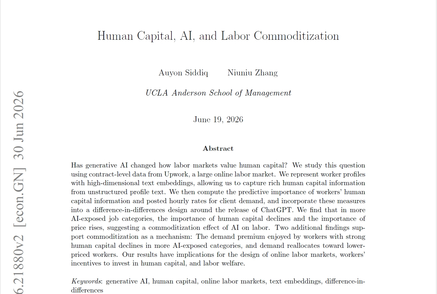 論文「Human Capital, AI, and Labor Commoditization」のタイトルページ。UCLA Anderson School of Managementによる2026年6月19日公開の研究