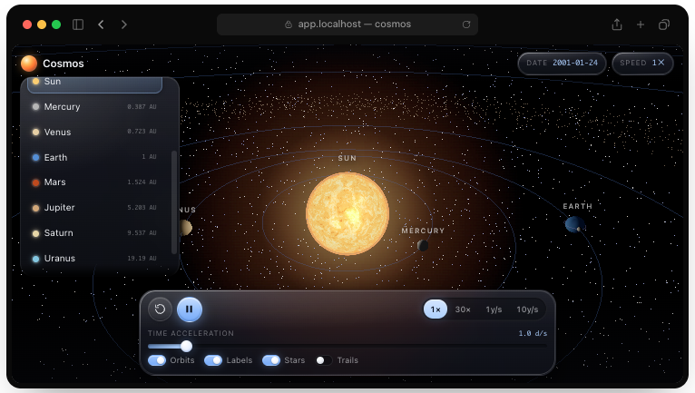 太陽系シミュレーターアプリ「Cosmos」の画面、惑星リストと軌道表示のUI