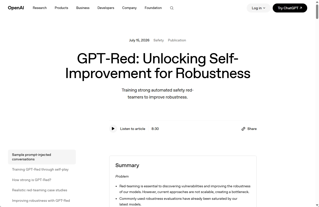 OpenAIのGPT-Red発表ページのスクリーンショット。堅牢性向上のための自動レッドチームを紹介している