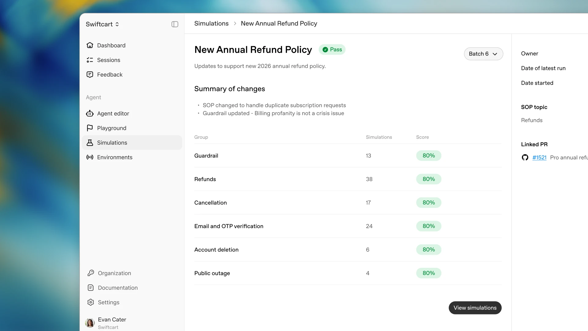 Swiftcartのシミュレーション画面、新しい年間返金ポリシーの各項目がPassで80%スコアの結果一覧