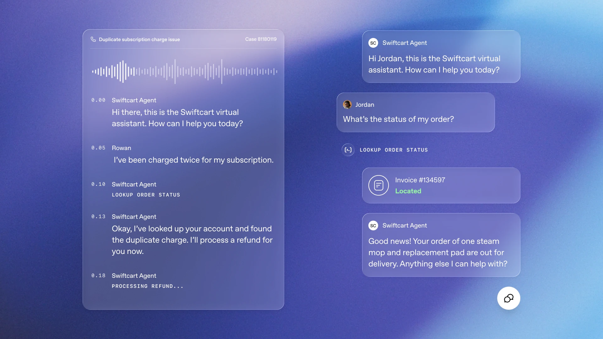 Swiftcartの音声通話とチャットで重複請求の返金処理と注文状況を案内するPresenceエージェントの画面