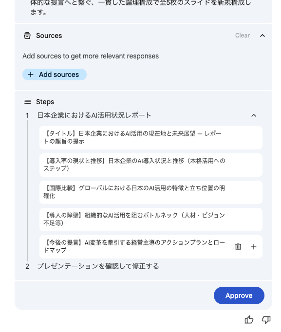 Geminiが提示した資料構成案のステップを確認し承認する画面