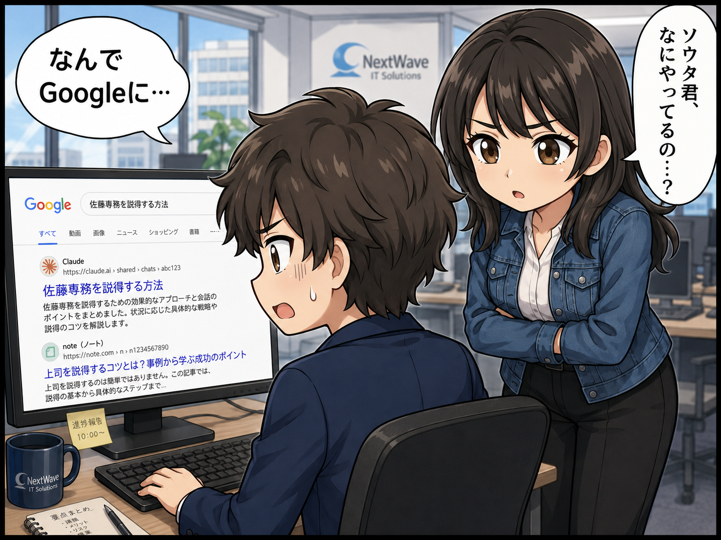 同僚と共有したClaudeの会話がGoogle検索結果に表示され驚くオフィスのイラスト