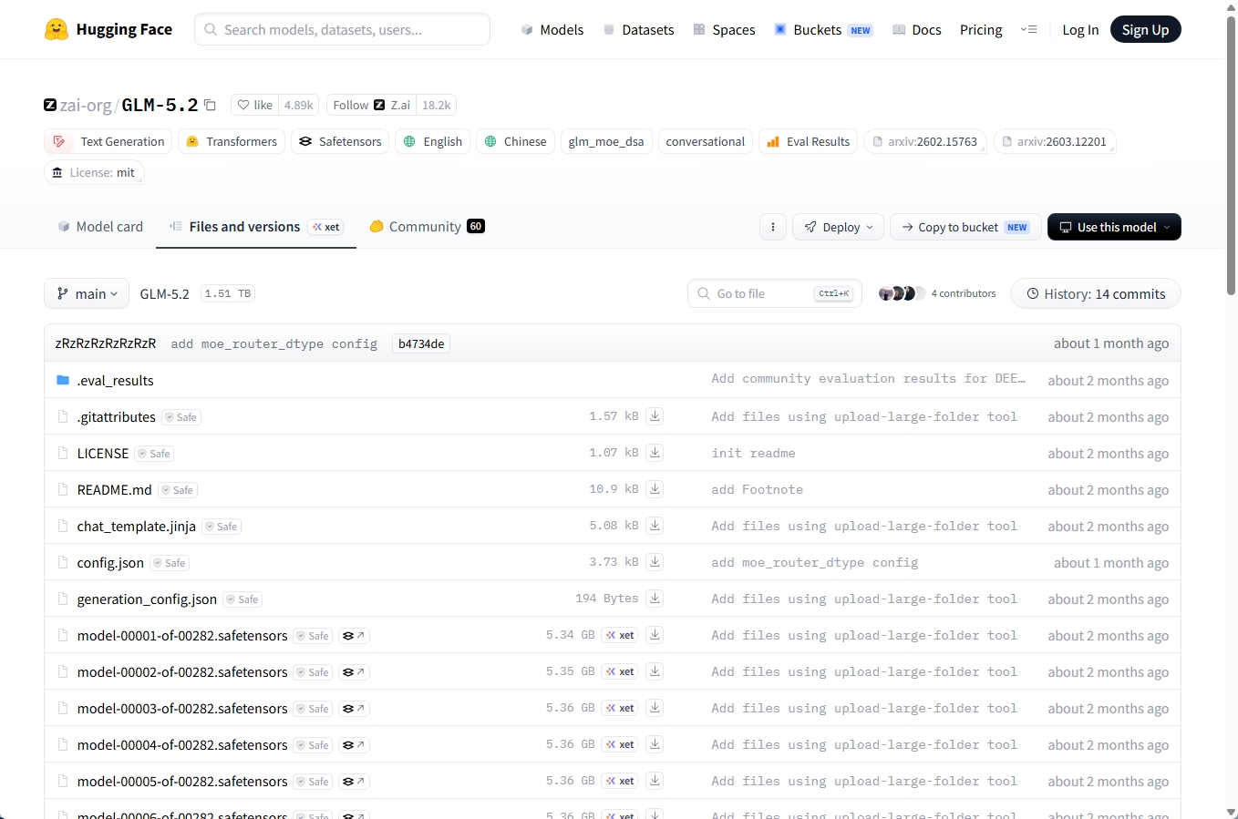 Hugging FaceのGLM-5.2ファイル一覧。合計1.51TBのsafetensorsファイルが並ぶ画面