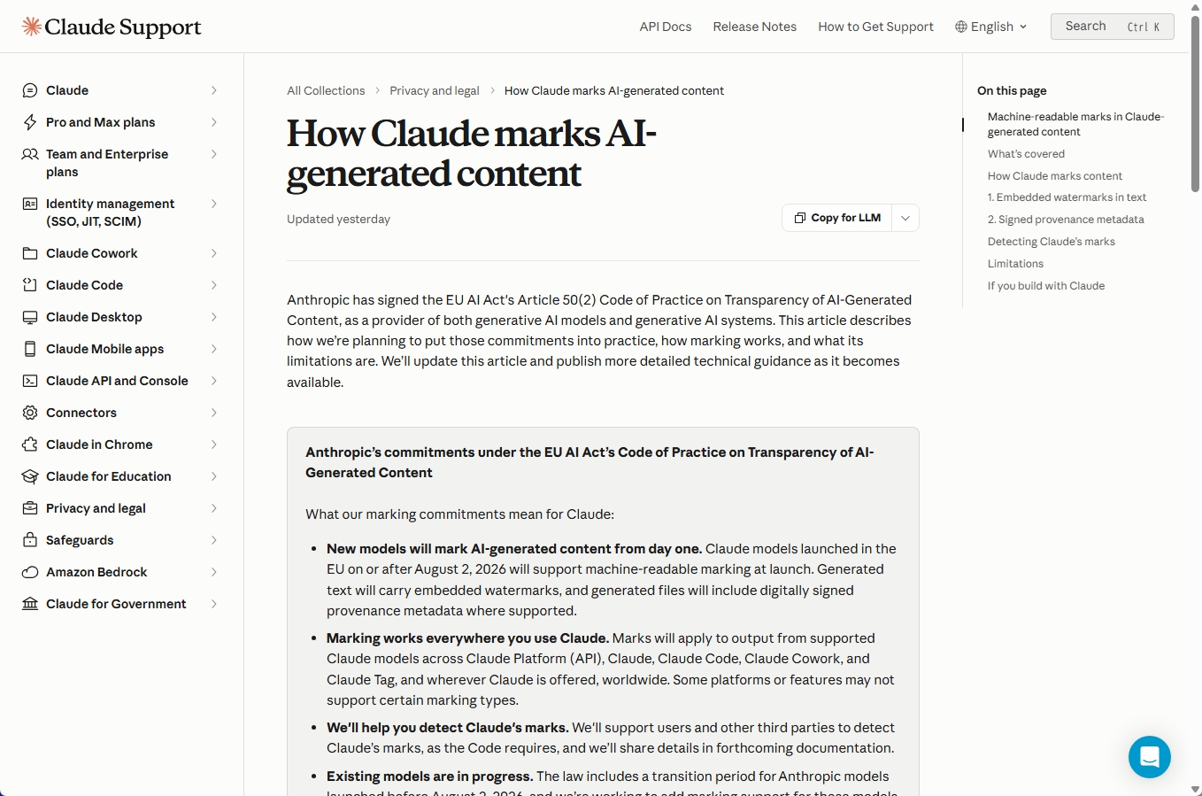 Claudeの生成物マーキングに関する公式説明ページ