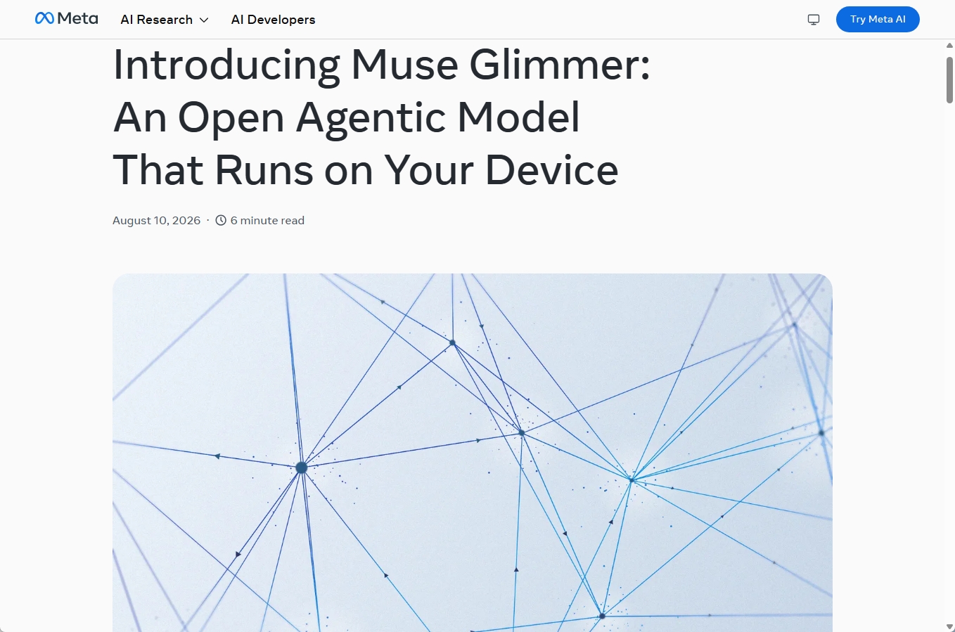 メタの発表ページ。見出し「Introducing Muse Glimmer: An Open Agentic Model That Runs on Your Device」と2026年8月10日の日付