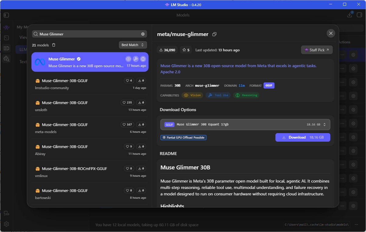 LM Studio 0.4.20の画面。「meta/muse-glimmer」モデルの検索とダウンロード項目