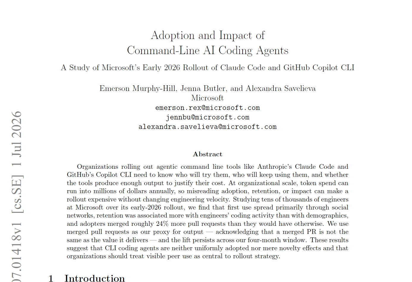 論文「Adoption and Impact of Command-Line AI Coding Agents」のアブストラクト画面