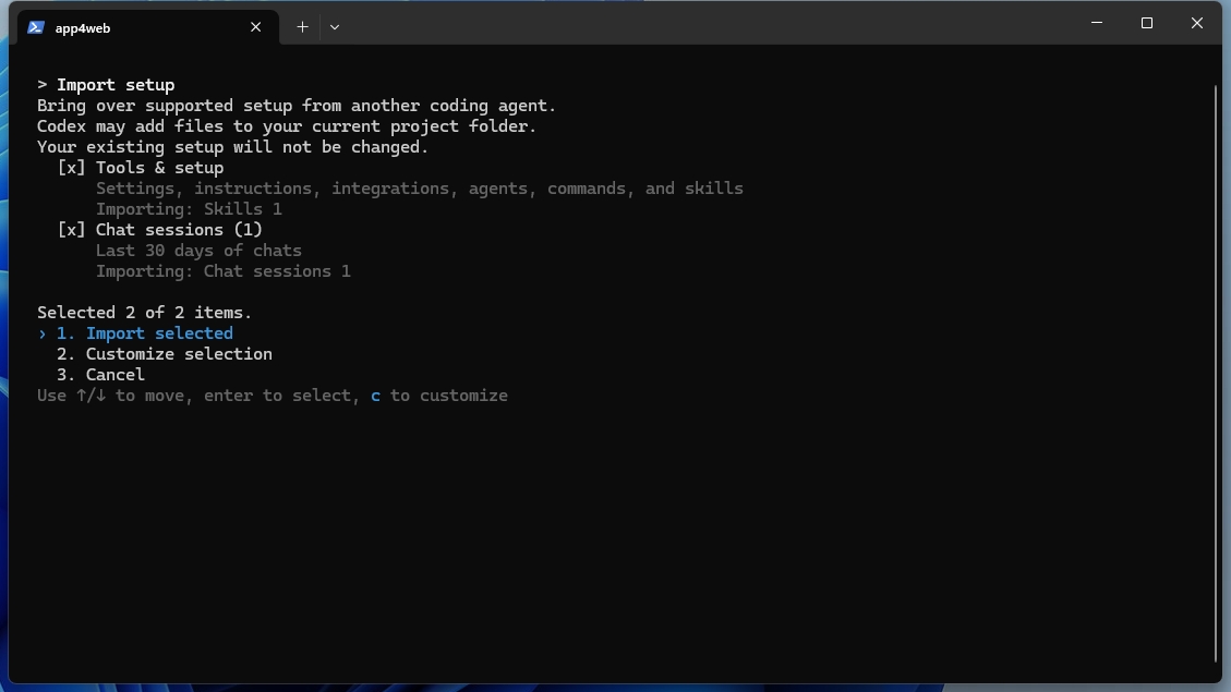 Codex CLIの「Import setup」画面でToolsとChat sessionsの取り込み項目を選択