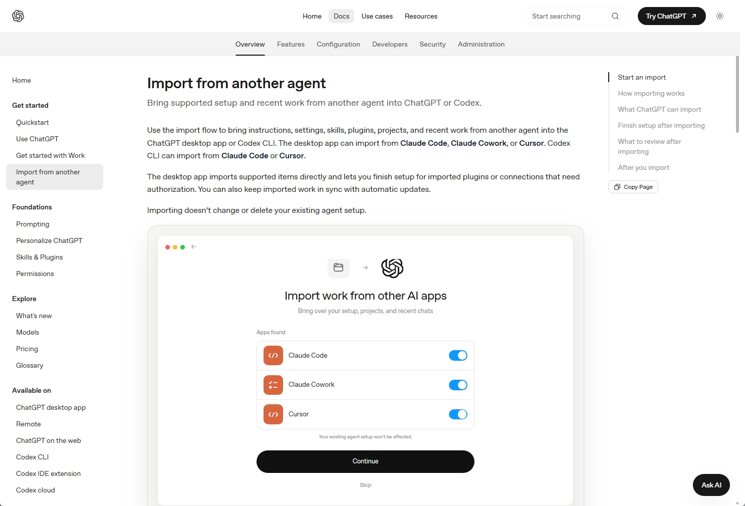 ChatGPTが検出したClaude Code、Claude Cowork、Cursorのインポート元を表示する画面
