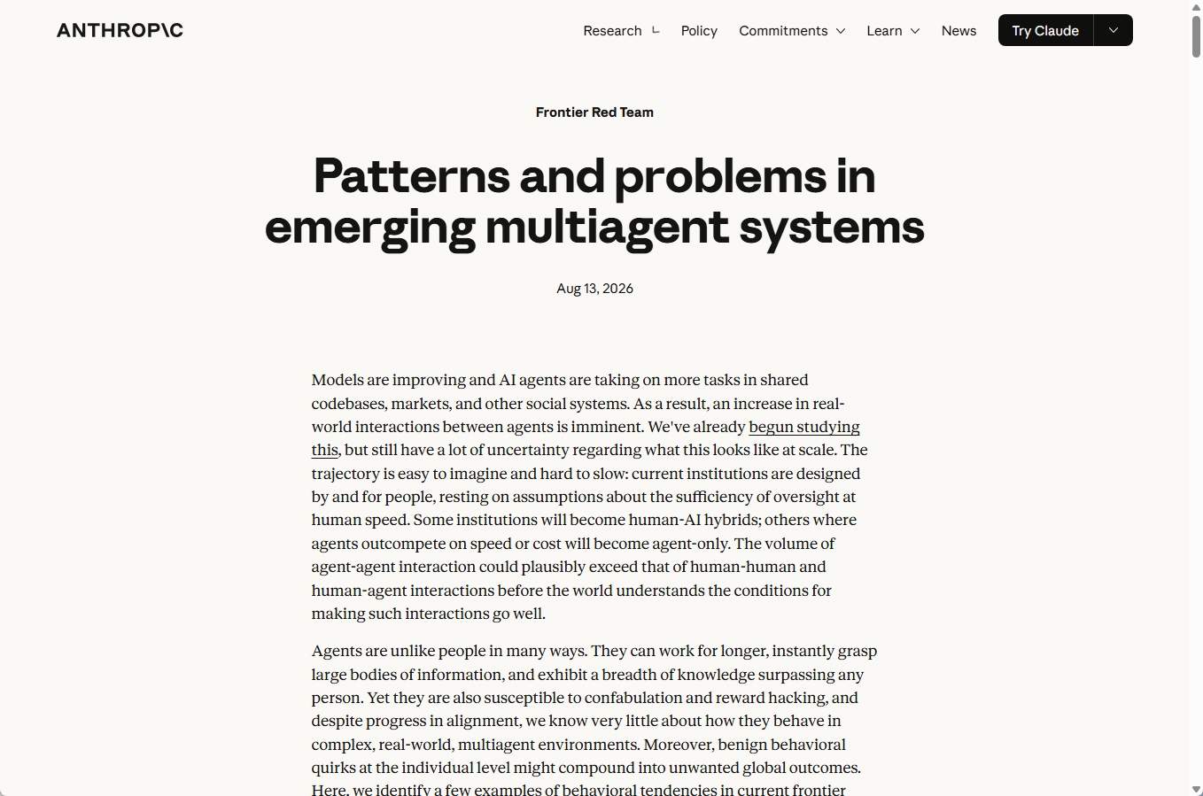Anthropic Frontier Red Teamのレポート「Patterns and problems in emerging multiagent systems」の公開ページ