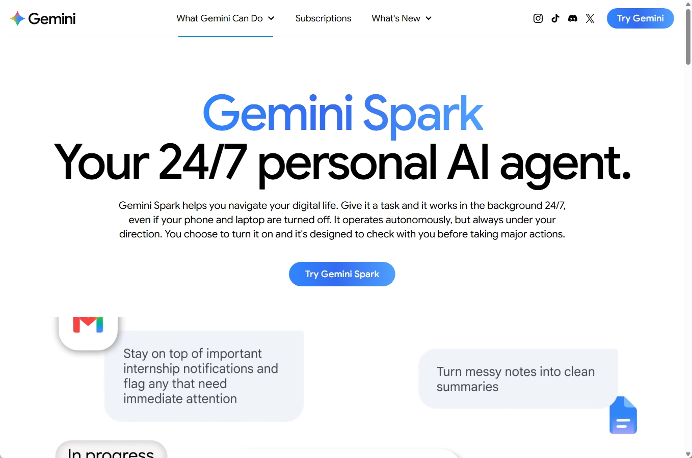Gemini Spark公式サイトのトップ画面。24時間稼働するパーソナルAIエージェントとして紹介されている
