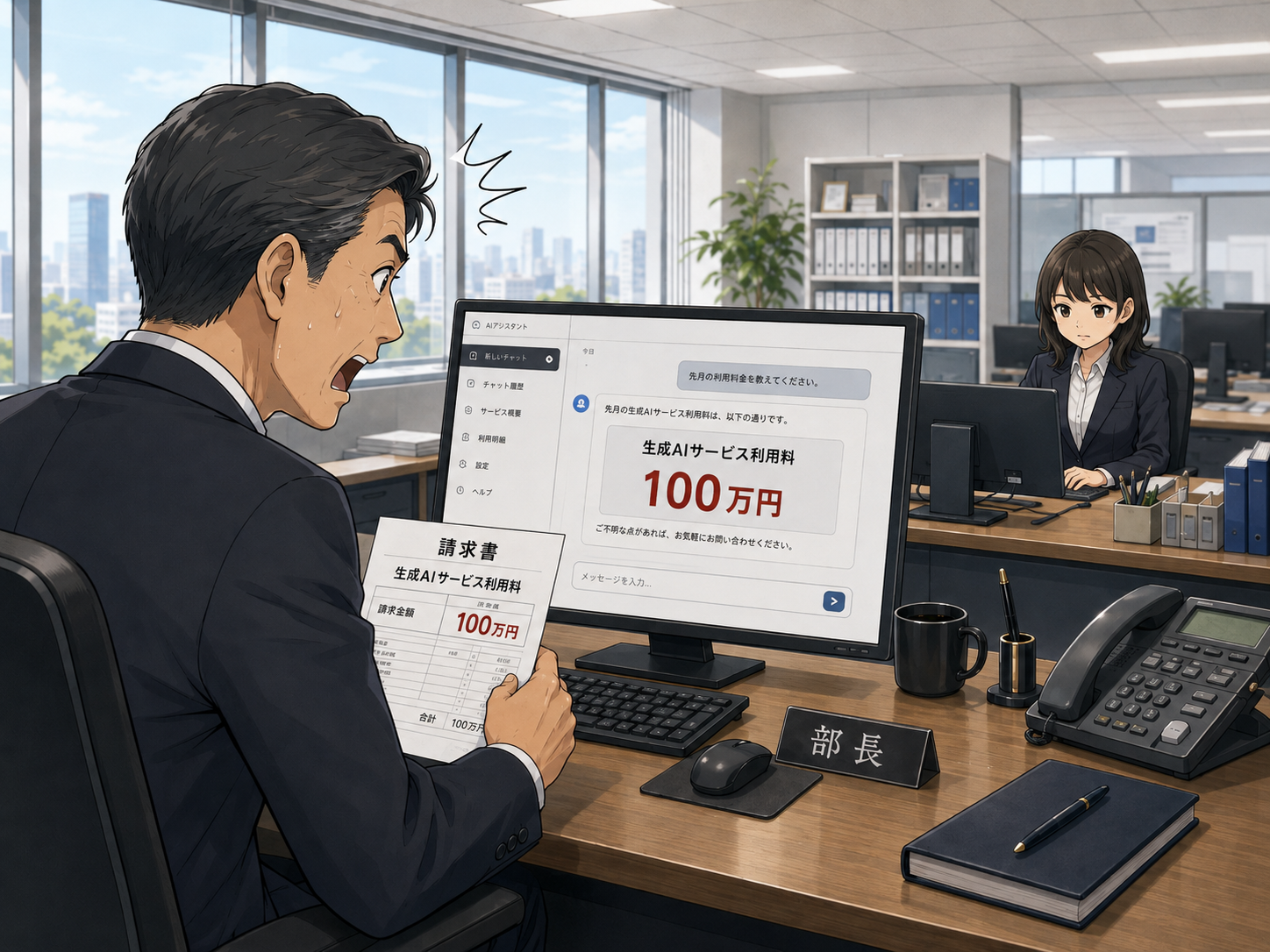 生成AIサービス利用料100万円の請求書を見て驚く部長の様子