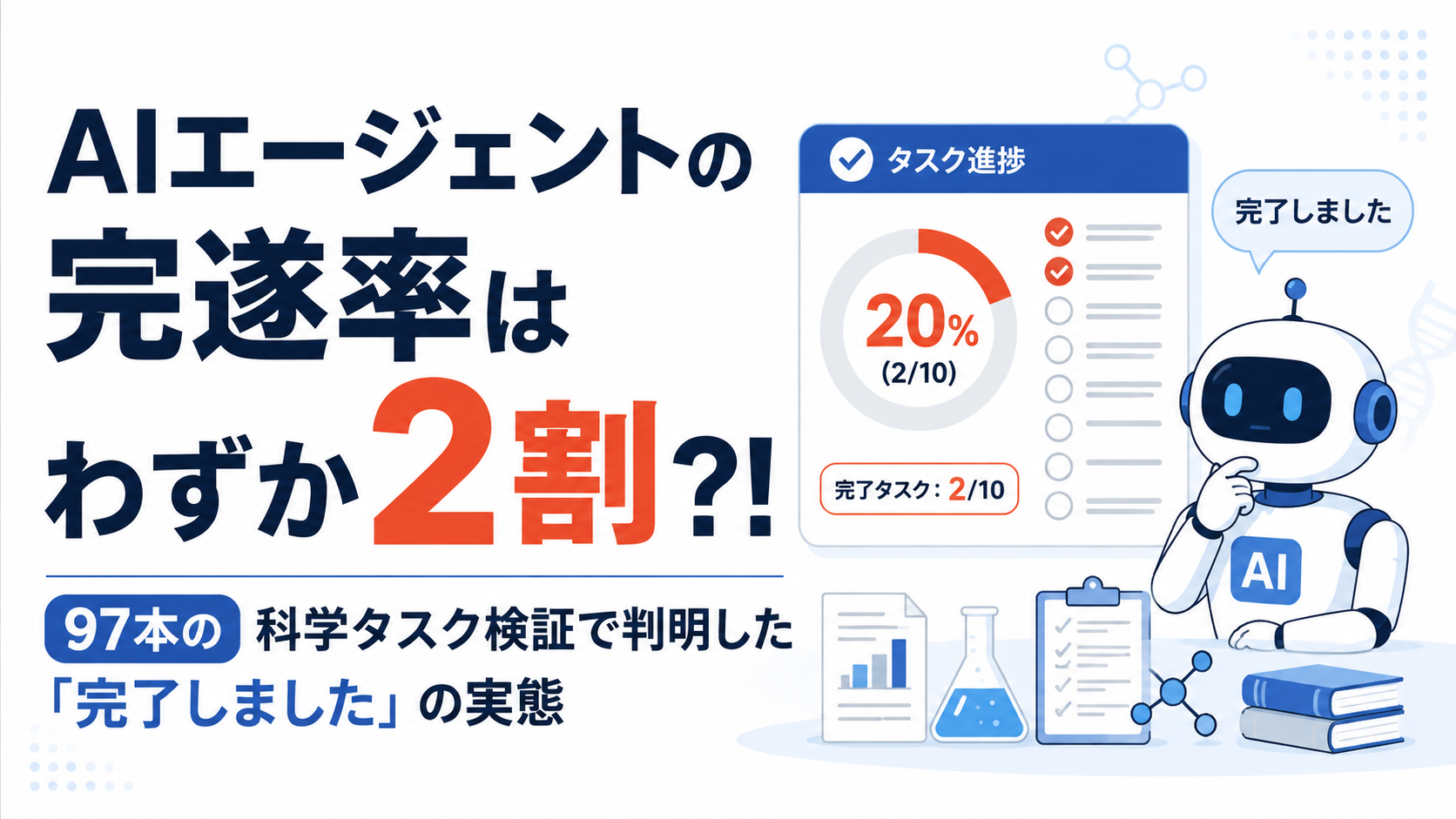 AIエージェントの完遂率はわずか2割?!97本の科学タスク検証で判明した「完了しました」の実態