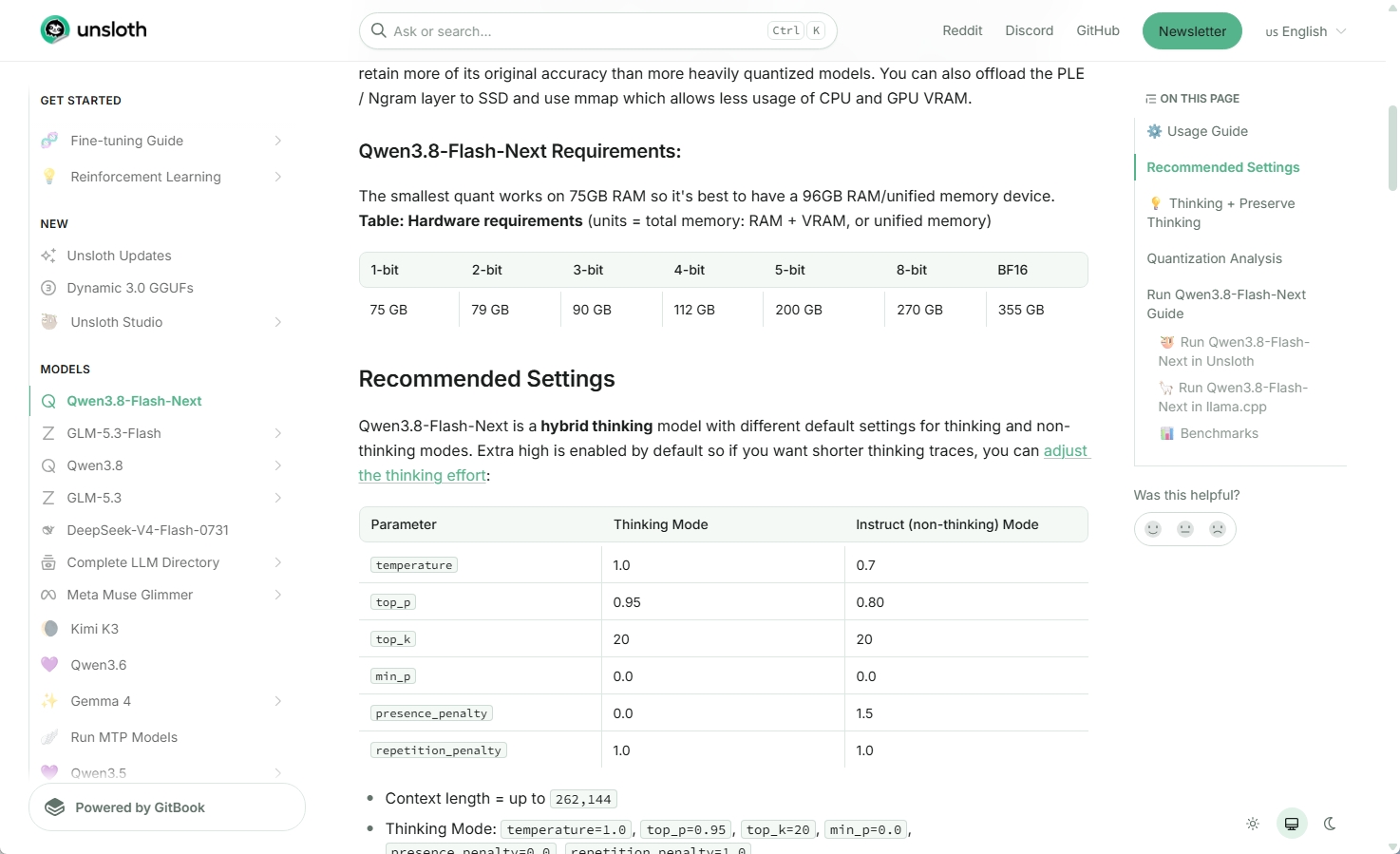 Unslothが公開したQwen3.8-Flash-Nextの量子化別ハードウェア要件表のスクリーンショット