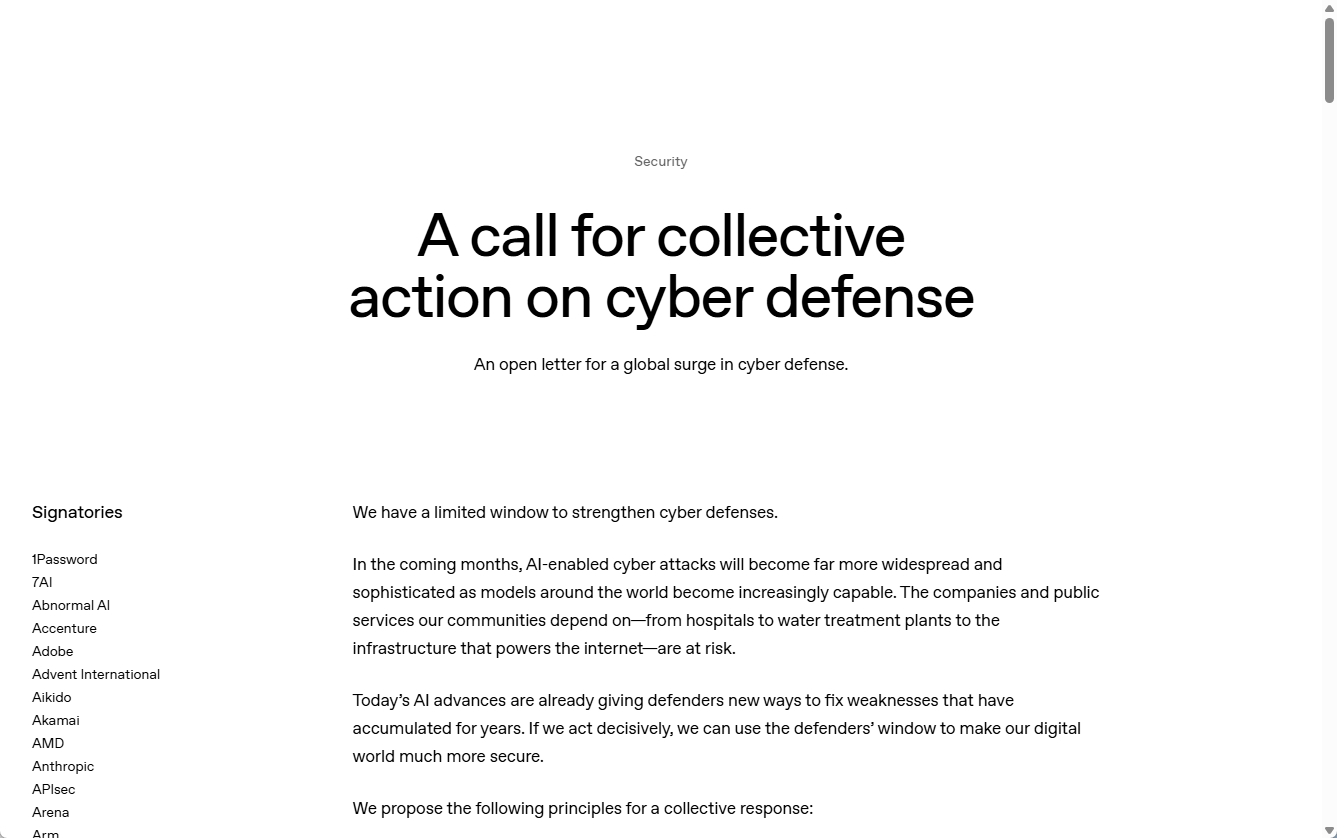 OpenAIの公開書簡「A call for collective action on cyber defense」のページ冒頭と署名者リスト