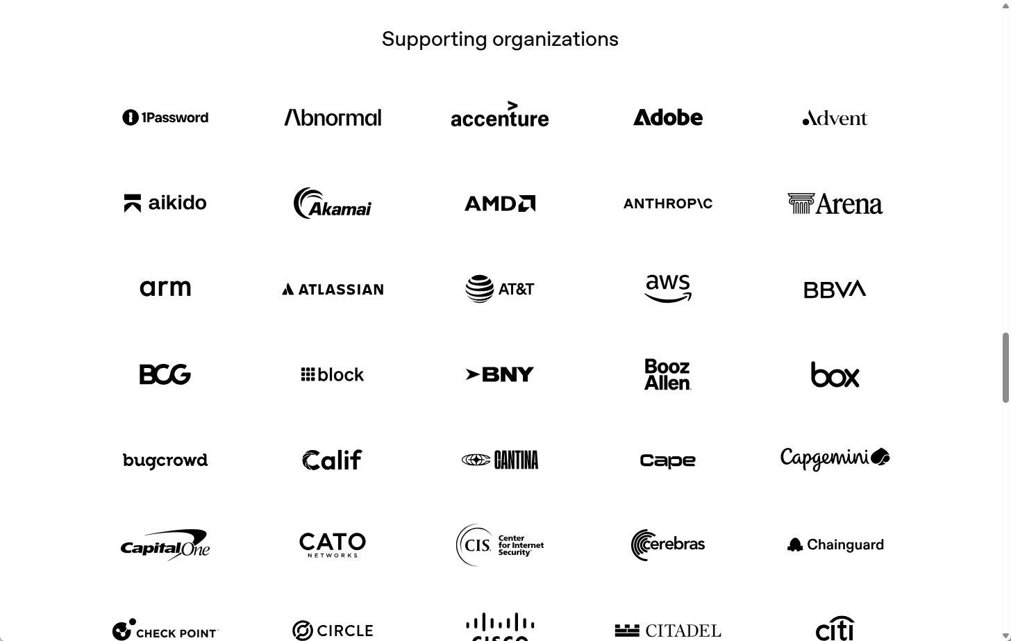公開書簡に賛同する組織のロゴ一覧（1Password、Adobe、Anthropic、AWSなど）