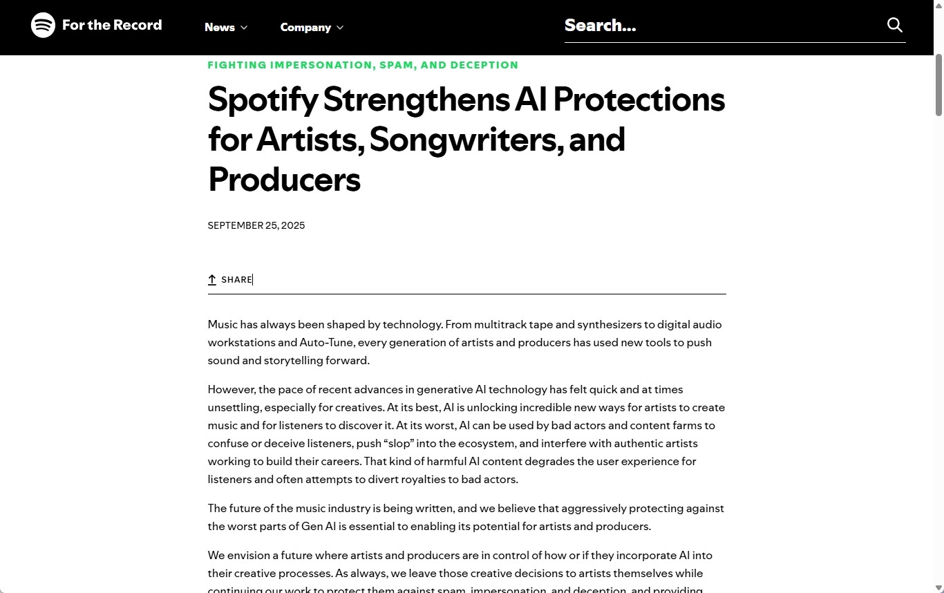 Spotifyのアーティスト向けAI対策強化を発表する記事ページ