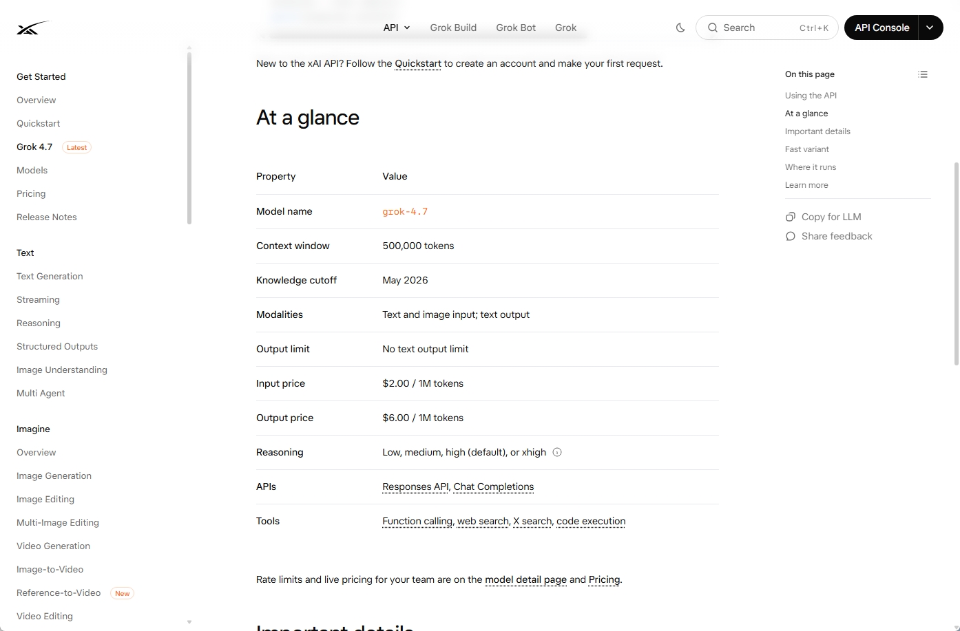 Grok 4.7のAPI技術仕様ページ。モデル名・コンテキストウィンドウ・料金・推論設定などを一覧化した表