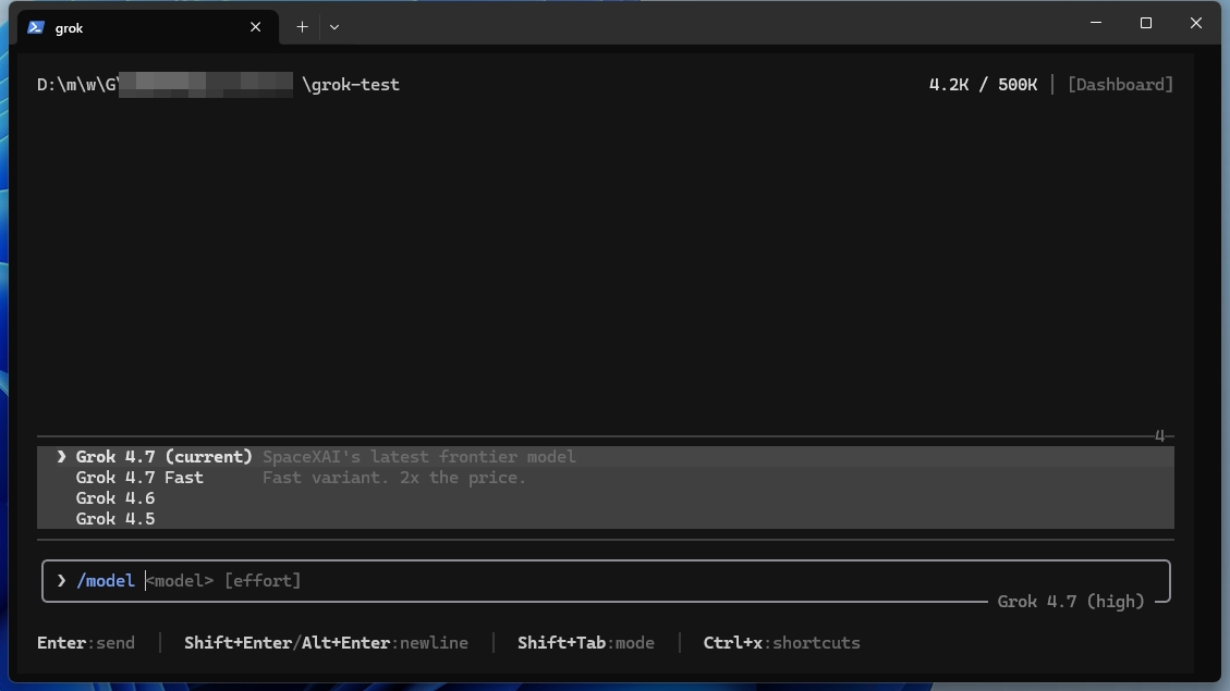 Grok BuildのCLIで「/model」を入力し、Grok 4.7・Grok 4.7 Fast・Grok 4.6などのモデルを選択する画面
