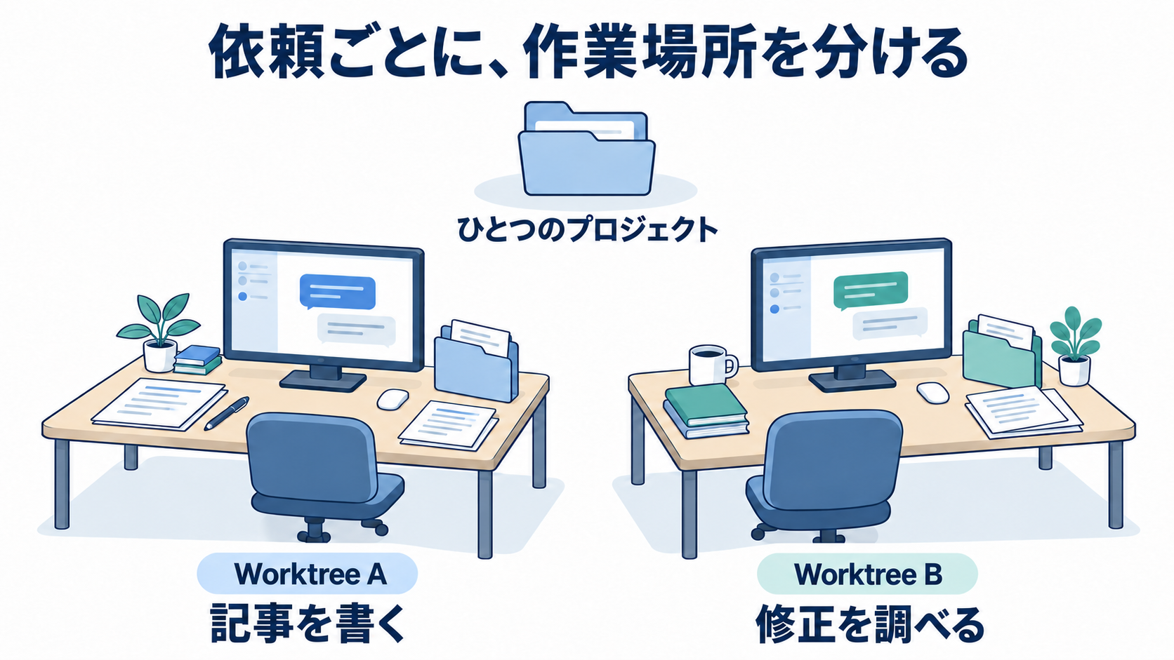 ひとつのプロジェクトから、記事を書くWorktree Aと修正を調べるWorktree Bに作業場所を分ける図解