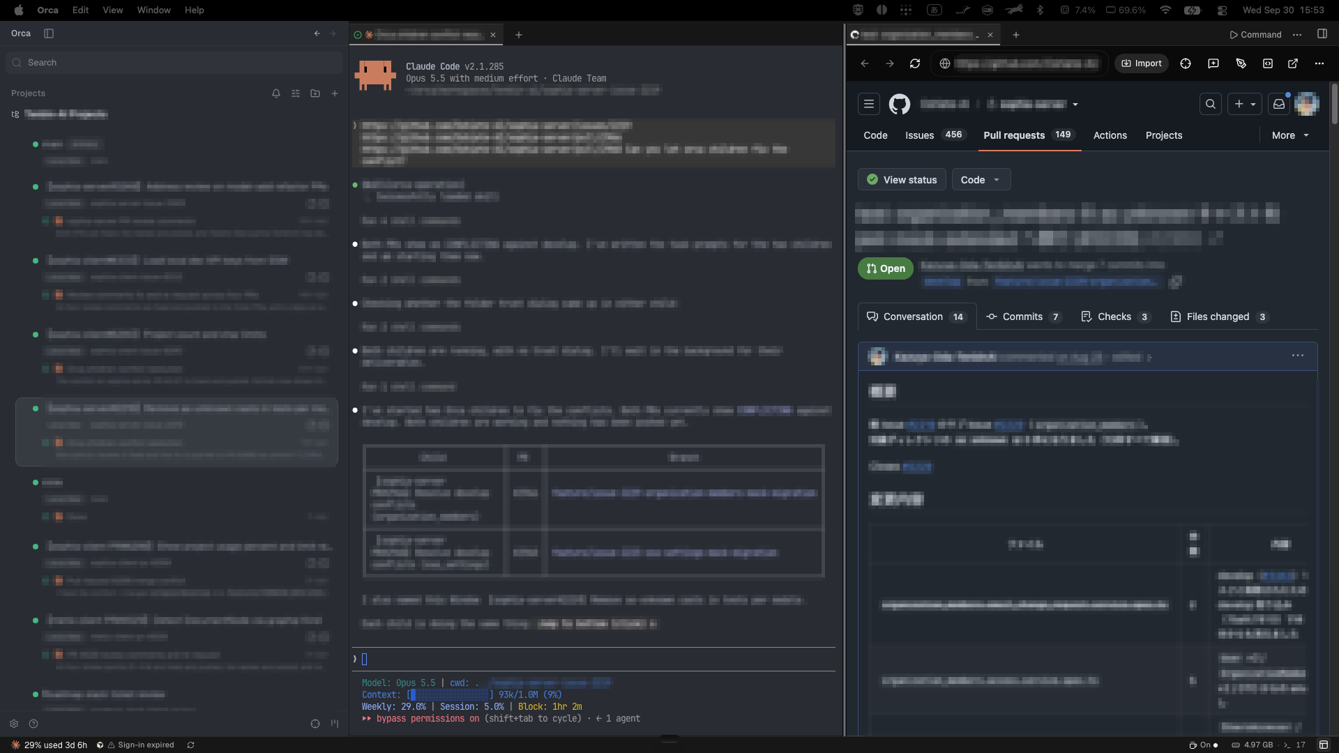 Orcaの実際の作業画面。左にIssueごとのWindowと作業結果を一覧するサイドバー、中央にClaude Code（Opus 5.5）の作業画面、右にWindow専用のブラウザでGitHubのPull Requestを開いている3ペイン構成（一部情報はマスク済み）