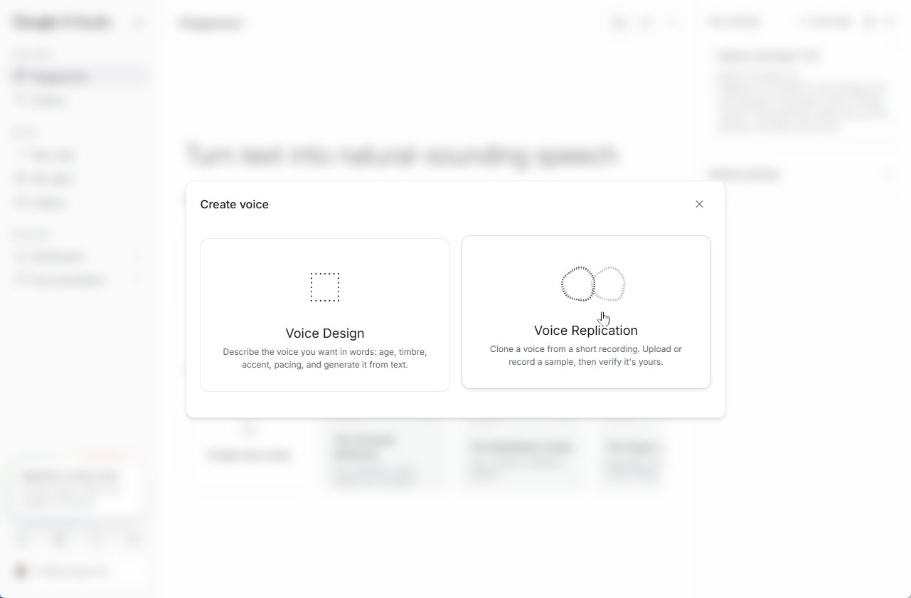 音声作成の画面。Voice DesignとVoice Replicationの2つの作成方法が並ぶ
