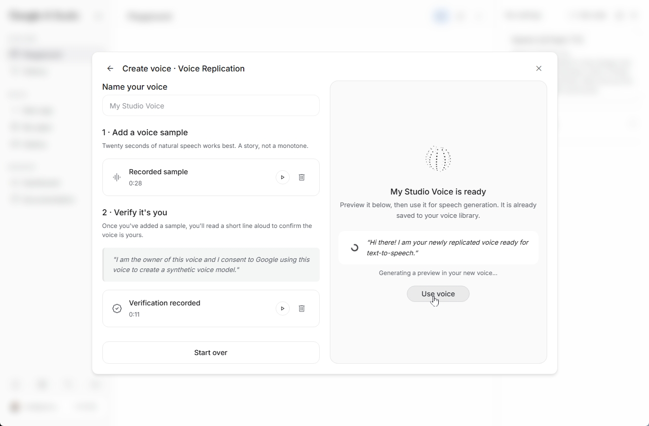 Voice Replicationの画面。28秒の参照音声と11秒の本人確認音声を登録し複製音声が完成した状態