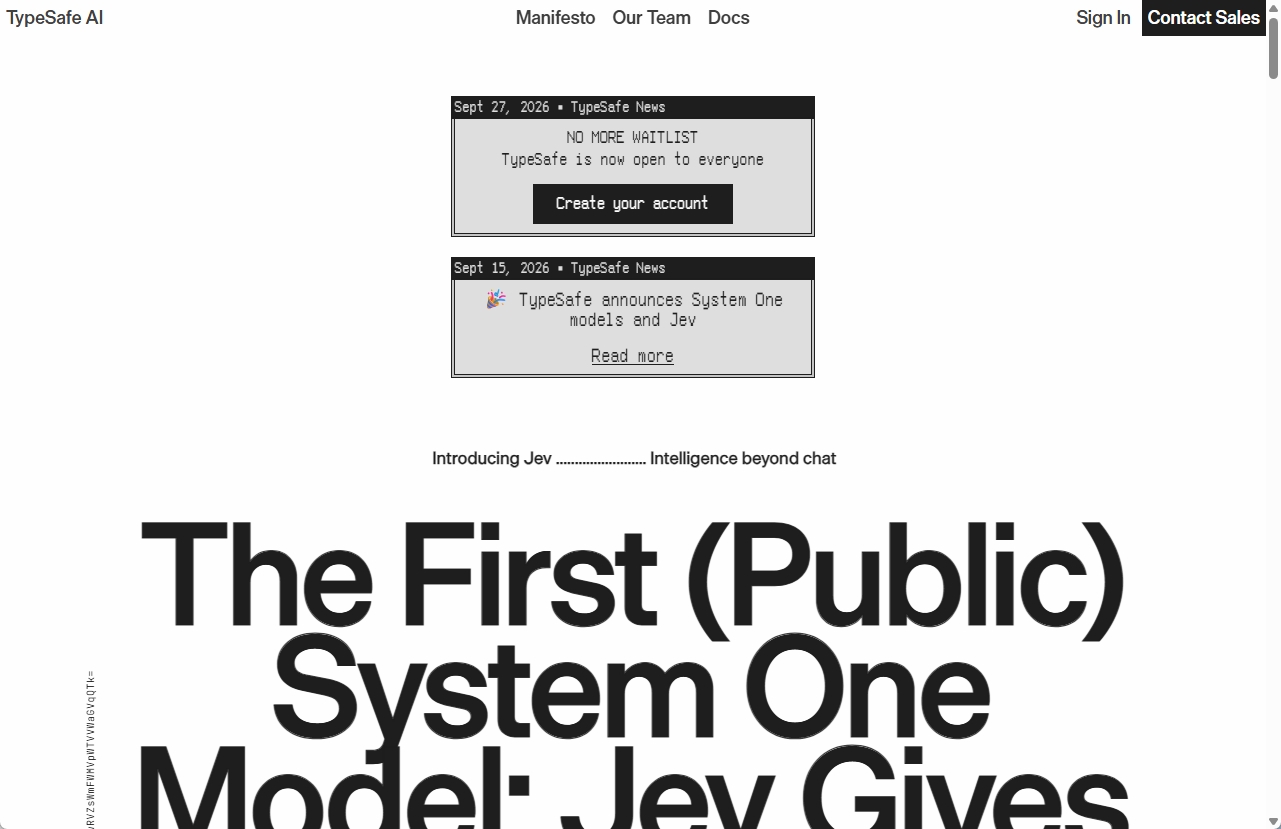 TypeSafe AIのトップページ。9月27日の新規登録再開と9月15日のJev発表を知らせるお知らせが表示されている