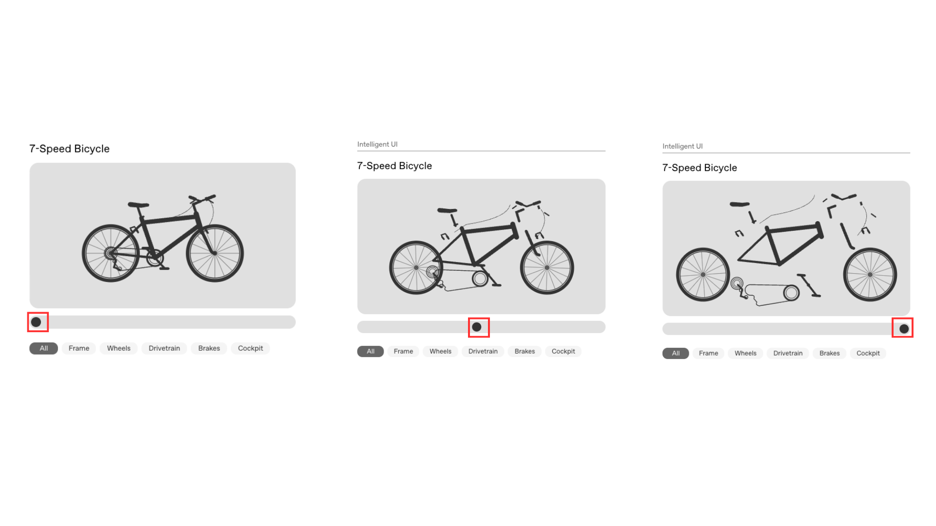 Intelligent UIで7段変速自転車を表示した画面。スライダーを動かすと自転車が部品ごとに分解され、All・Frame・Wheels・Drivetrain・Brakes・Cockpitのタブで表示を切り替えられる